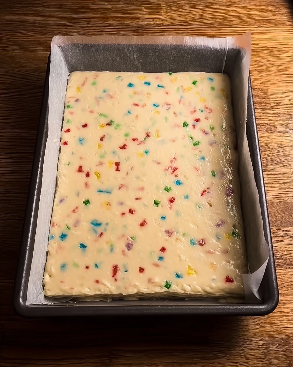 A rectangular baking tray lined with parchment paper holds one thick layer of creamy, light beige batter mixed with small pieces of colorful candy bits in red, green, blue, and yellow spread evenly across the surface. The tray is placed on a wooden table with a simple, warm tone, and the batter looks smooth with tiny bubbles for texture but no visible cracks or uneven spots. The scene is bright and clear, emphasizing the contrast of the colorful bits against the pale batter. Photo taken with an iphone --ar 4:5 --v 7