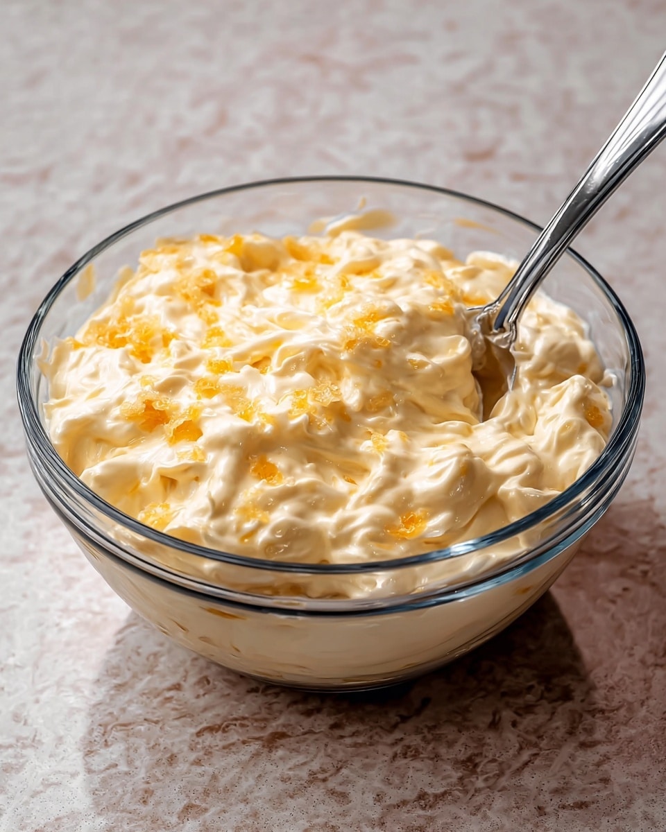 A clear glass bowl filled with a creamy dish that has one thick layer of pale yellow, smooth whipped texture mixed with small pieces of orange fruit evenly spread out inside. A silver spoon rests inside the bowl, partially covered by the creamy mix, with its handle leaning over the side. The bowl sits on a white marbled surface with soft lighting highlighting the glossy and fluffy texture of the mixture. photo taken with an iphone --ar 4:5 --v 7