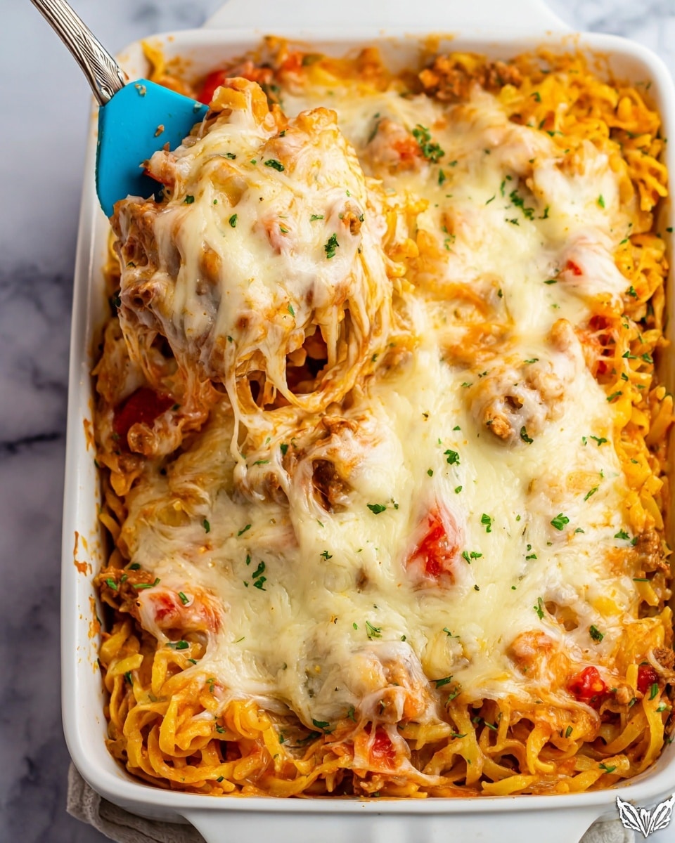 A white rectangular baking dish filled with three layers of pasta baked and covered in melted cheese on top. The bottom layer has a textured mix of cooked yellow noodles and small chunks of meat and diced red and green vegetables, coated with a creamy orange sauce. The middle layer is a thick, gooey layer of melted white cheese stretching as a blue spatula scoops one serving. The top layer is more melted cheese sprinkled with small green herb pieces, adding color contrast. The entire dish is set on a white marbled surface. photo taken with an iphone --ar 4:5 --v 7