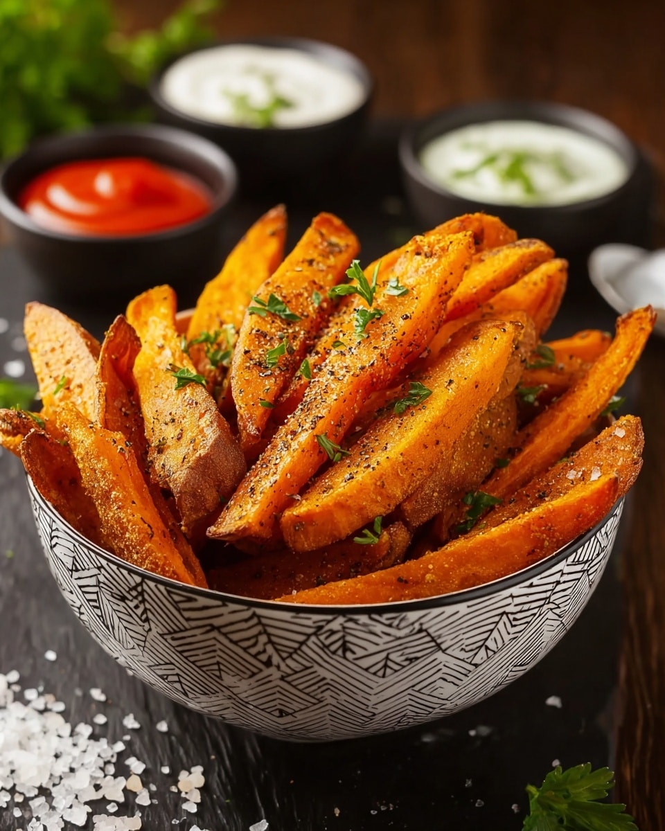 A bowl full of thick, golden-orange sweet potato fries, with a rough texture and some black pepper sprinkled on top, garnished with small green parsley leaves. The fries are stacked high, showing their crispy edges and soft insides. The bowl is white with a black geometric pattern, placed on a dark wood surface, and in the background, there are three small bowls of sauces: bright red, white, and creamy green. Some coarse salt and spice granules are scattered around the bowl on the surface. photo taken with an iphone --ar 4:5 --v 7