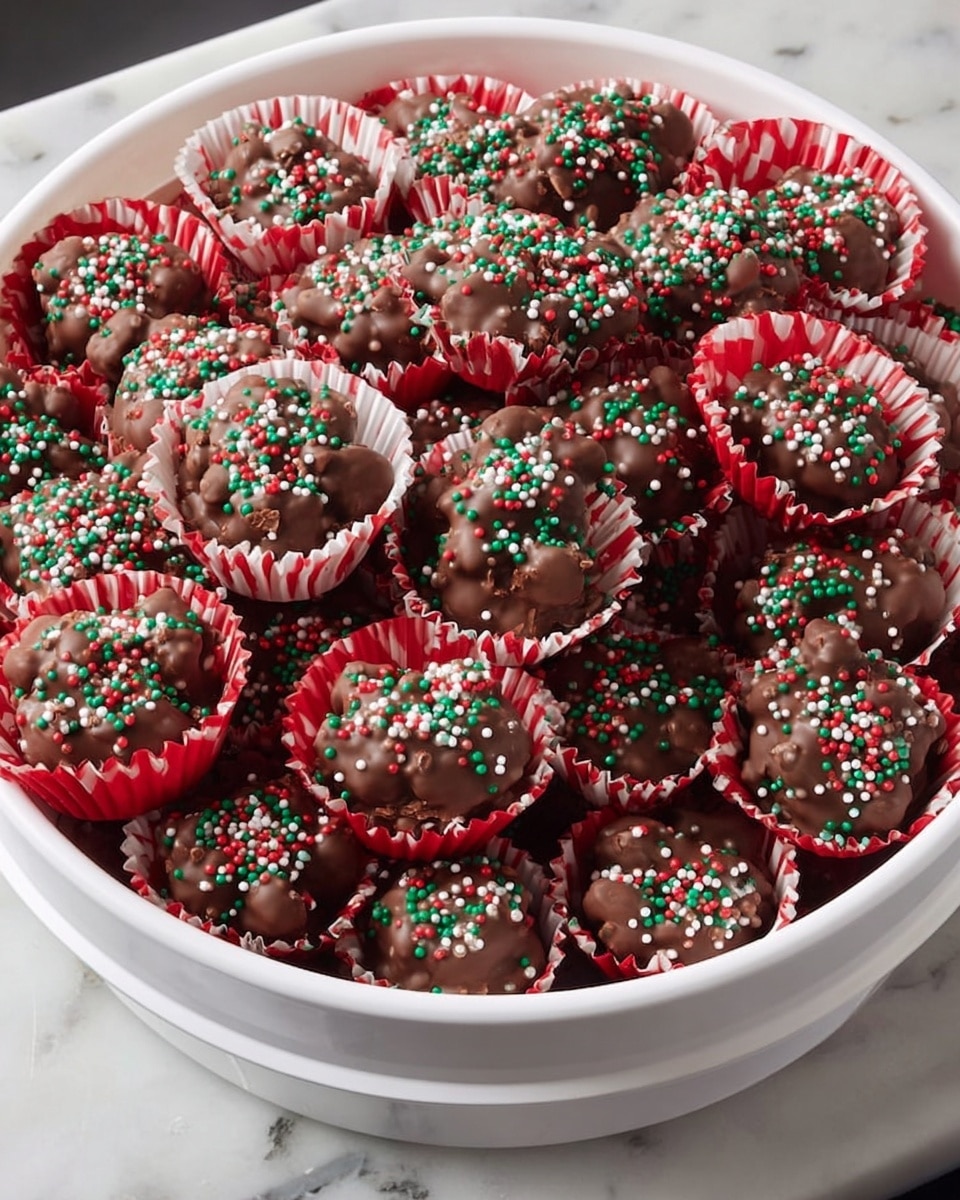 A large white round container filled with many small clusters of chocolate candies placed inside red, green, and red-and-white striped paper cups. Each chocolate cluster is irregular in shape with a smooth, glossy texture, topped with tiny red, green, and white round sprinkles. The paper cups form a colorful, festive arrangement covering the entire container. The container is set on a white marbled surface. photo taken with an iphone --ar 4:5 --v 7