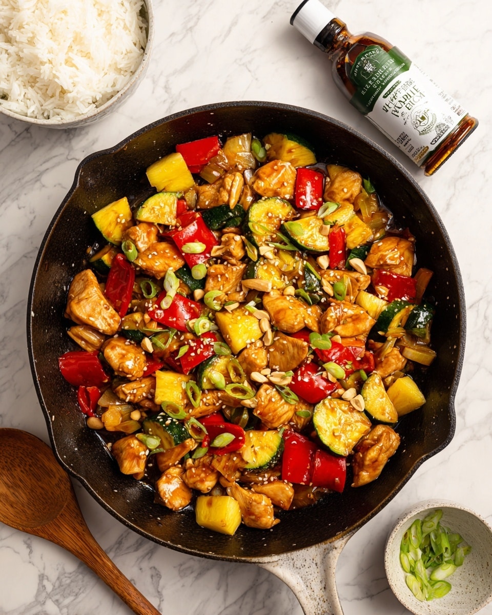 The image shows a dark cast iron pan filled with a colorful stir-fry dish. The dish has several layers: large pieces of light brown cooked chicken, bright red bell peppers cut into chunks, yellow pineapple pieces, and green zucchini slices. The chicken and vegetables look juicy with a shiny sauce coating them. On top, small rings of green onion and chopped nuts are scattered. The pan sits on a white marbled surface next to a wooden spoon on the left and a bottle of gluten-free Kung Pao sauce with a white cap and green label on the right. In the top left corner, there is a white bowl with white rice. Photo taken with an iphone --ar 4:5 --v 7