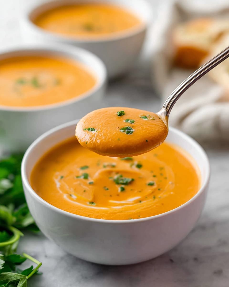 A close-up view of creamy orange soup inside three white bowls arranged on a white marbled surface. The soup has a smooth texture and is garnished with small, fresh green herb pieces on top. In the foreground, a silver spoon holds a scoop of the soup with visible herb bits. There is a hint of green leafy herbs in the background, adding a fresh contrast to the warm orange color of the soup. The overall scene is bright with a soft focus on the background bowls, highlighting the spoon and the nearest bowl. Photo taken with an iphone --ar 4:5 --v 7