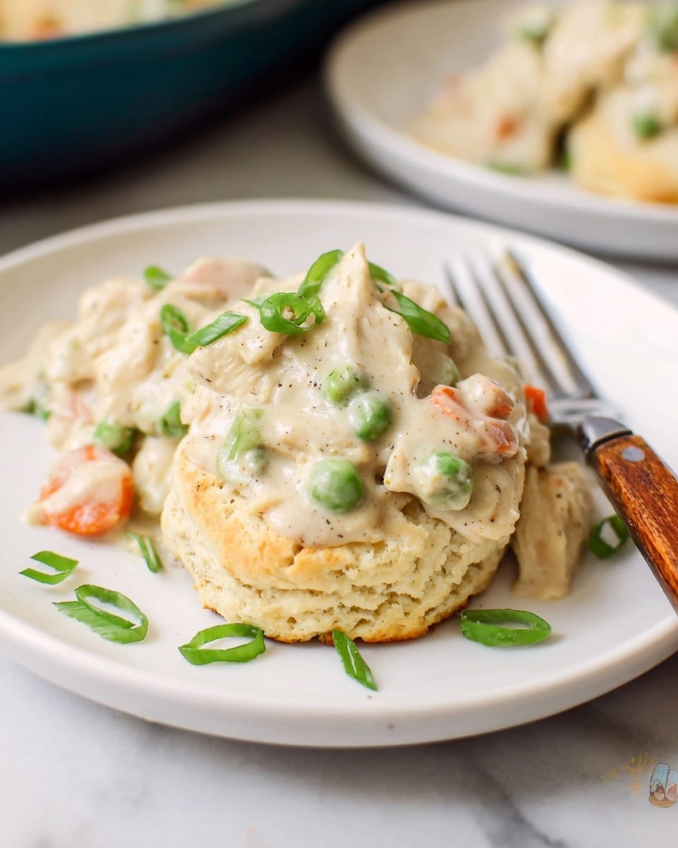 A white plate sits on a white marbled surface holding two round, fluffy golden biscuits as the bottom layer. On top of the biscuits is a thick, creamy white gravy with visible chunks of white chicken, small orange carrot pieces, and bright green peas mixed in. Green sliced scallions are scattered on top and around the dish, adding a fresh pop of color. A fork with a wooden handle rests in the background on the plate's edge. Photo taken with an iphone --ar 4:5 --v 7