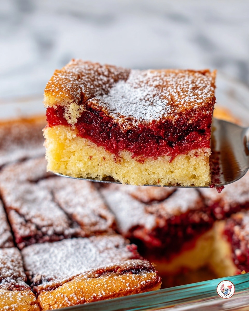 A close-up of a slice of a two-layered dessert being lifted by a metal spatula, the bottom layer is light yellow and dense, while the top layer is dark red and moist with a cracked, golden brown crust. The surface of the slice is dusted with white powdered sugar, adding texture and contrast against the red layer. In the background, the remaining dessert sits in a clear glass baking dish on a white marbled surface, cut into square pieces with a soft, cracked upper crust also lightly sprinkled with powdered sugar. Photo taken with an iphone --ar 4:5 --v 7
