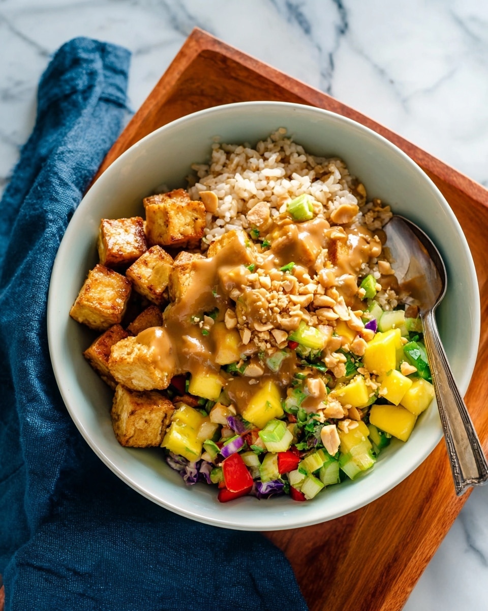 A white bowl holds a layered dish starting with a base of light brown rice at the bottom. On one side, golden-brown fried tofu cubes with a crispy texture are arranged neatly. The middle layer features a colorful mix of diced bright yellow mango, fresh green herbs, red bell pepper pieces, and chopped green onions. Drizzled over the top is a thick, shiny brown sauce with a creamy texture. The dish is finished with a sprinkle of crushed peanuts, adding a crunchy texture. The bowl sits on a wooden tray with a silver spoon inside, and a dark blue cloth is nearby on a white marbled surface. Photo taken with an iphone --ar 4:5 --v 7