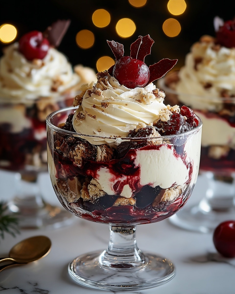 A clear glass bowl shows a layered dessert with about five layers starting from the bottom: deep dark red berry sauce, light creamy white cheesecake chunks mixed with crumbly brown nuts and cake pieces, more red berry sauce swirled in, topped with swirls of white whipped cream, garnished with whole red cherries, crumbly nuts, and a thin dark red leaf-shaped decoration on top. The bowl stands on a short stem and sits on a white marbled surface, with blurred similar desserts and soft lights in the background. photo taken with an iphone --ar 4:5 --v 7
