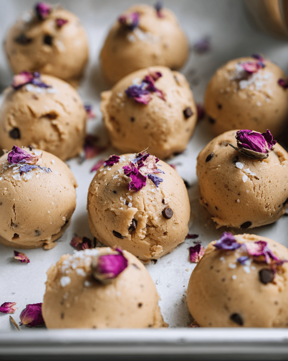 The image shows multiple rounded scoops of light brown dough placed close together on a white tray with a white marbled surface beneath. Each scoop has a smooth, slightly grainy texture with small dark spots, likely chocolate chips, scattered throughout. On top of each scoop, there are small, delicate purple and pink dried flower petals, adding a pop of color. Some scoops also have a sprinkle of coarse white salt, creating a slight contrast against the dough. The overall arrangement is neat with a soft focus on the background, emphasizing the dough scoops in the foreground. photo taken with an iphone --ar 4:5 --v 7