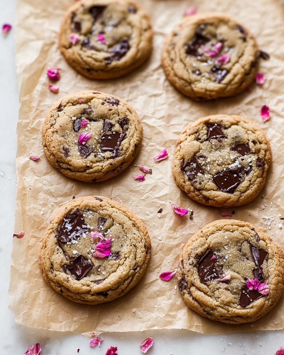 There are six round chocolate chip cookies placed on crinkled light beige parchment paper, each cookie showing a soft golden-brown color with slightly darker edges and visible melted dark chocolate chunks embedded on the surface. The cookies have a few flakes of sea salt scattered on top, along with small pink flower petals adding a delicate touch. The background is a white marbled texture softly visible at the edges. Photo taken with an iphone --ar 4:5 --v 7