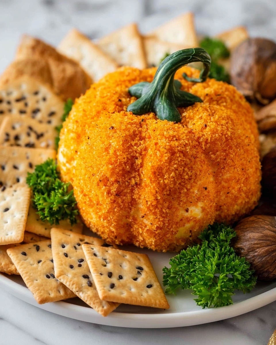 The image shows a small, round pumpkin-shaped cheese ball with a bright orange crumb coating, and a fresh green pumpkin stem placed on top. The cheese ball sits in the center of a white plate, surrounded by an assortment of crackers: some square with black sesame seeds, some round and plain, and a few darker walnut crackers. A few sprigs of fresh green parsley decorate the plate, adding a pop of green to the setup. The background is a white marbled texture. photo taken with an iphone --ar 4:5 --v 7