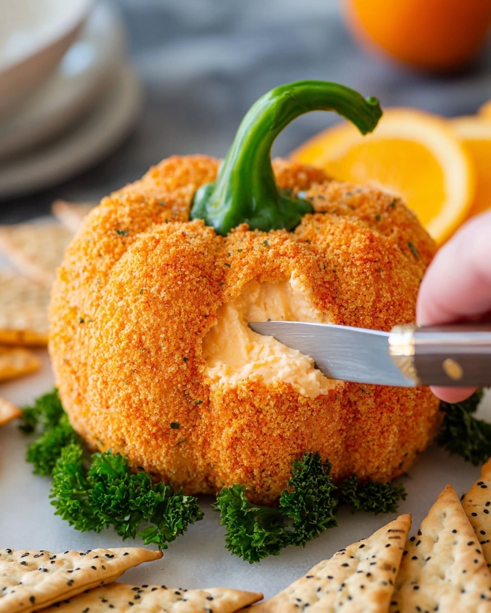 A small round cheese ball shaped like a pumpkin sits in the center of the image. It has a bright orange crumb coating on the outside and is topped with a short, curved green pepper stem to look like a pumpkin stem. A soft, creamy light orange cheese filling is visible where a knife is cutting into the cheese ball from the right side, held by a woman's hand. The cheese ball is surrounded by triangular crackers with black sesame seeds and a few sprigs of green parsley on a white marbled surface. In the background, partially blurred, are slices of orange fruit. Photo taken with an iphone --ar 4:5 --v 7