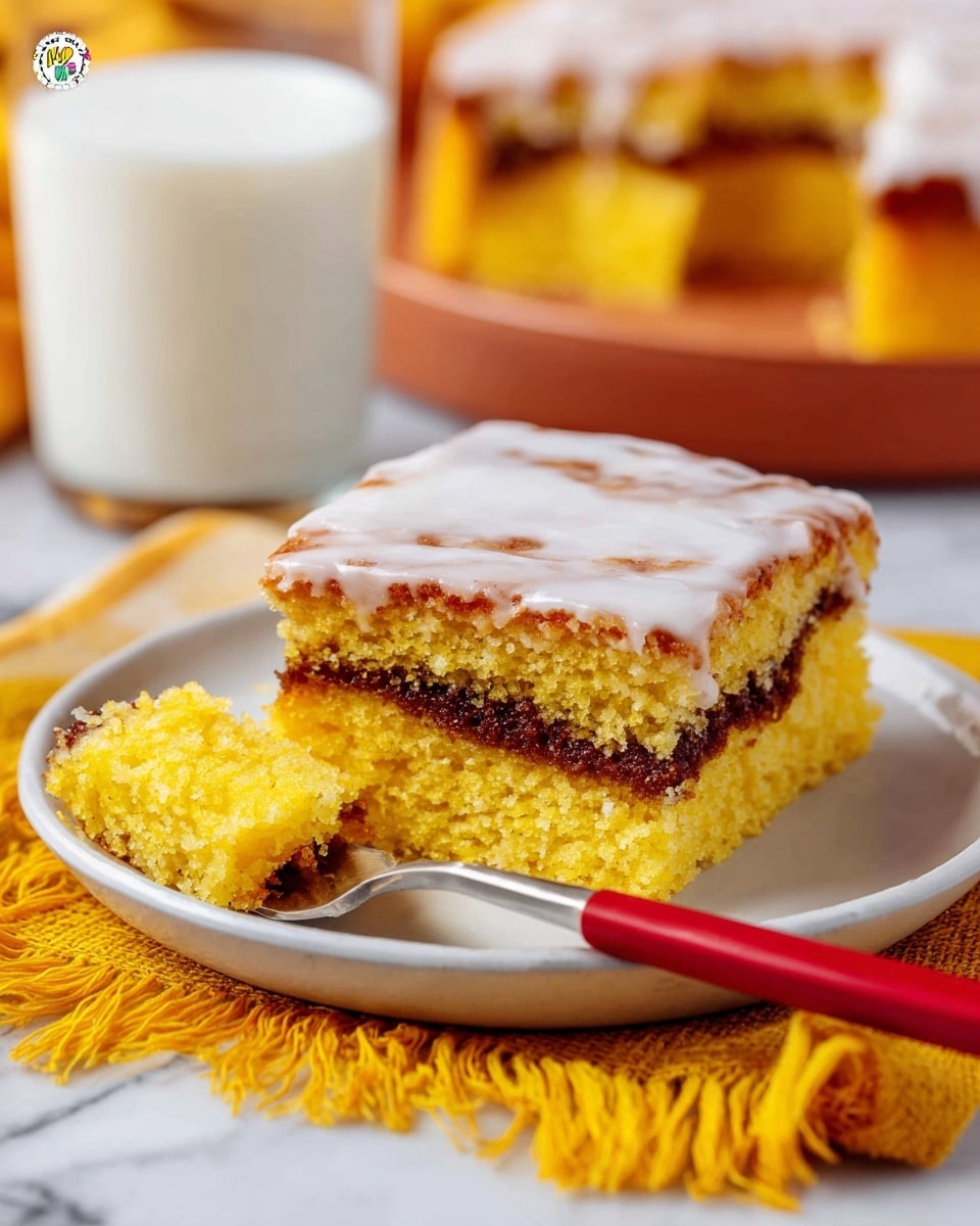A square piece of yellow cake with two layers is shown on a white plate. The cake has a dark brown filling in the middle and a white glaze spread thickly on the top layer. A fork with a red handle lies in front of the cake, holding a small piece with glaze on it. The plate rests on a yellow cloth with some fringes, set against a white marbled surface. In the background, there is a tall glass of milk and another piece of the same cake, softly blurred. Photo taken with an iphone --ar 4:5 --v 7