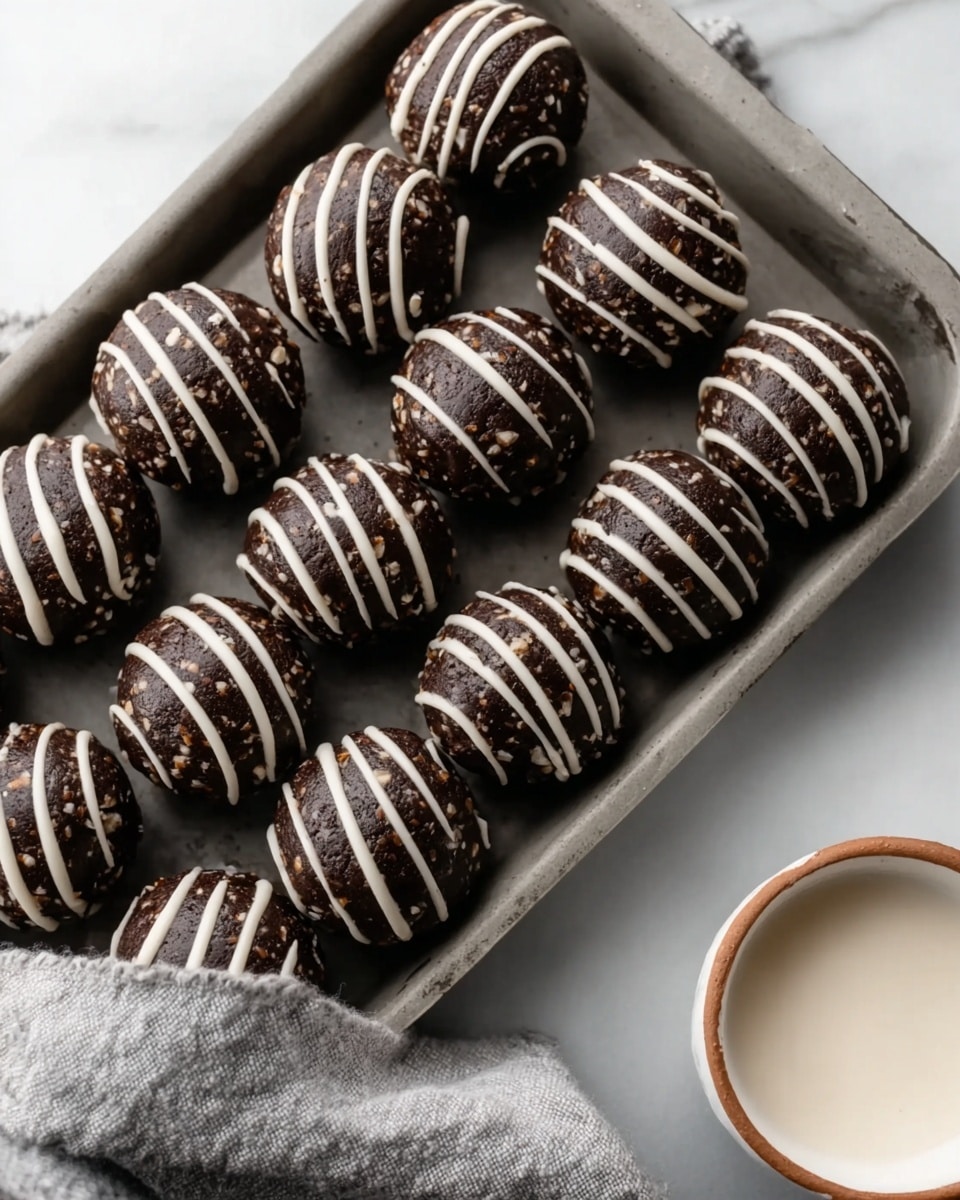 A tray filled with round, dark chocolate balls that have a rough texture with small bits inside, each decorated with three thin white icing stripes that spiral around them. The balls are arranged neatly on a gray tray that is set against a white marbled surface. In the bottom right corner, there is a small white bowl with a brown rim containing a white liquid. Part of a gray cloth is visible under the tray, adding to the soft, cozy setting. photo taken with an iphone --ar 4:5 --v 7