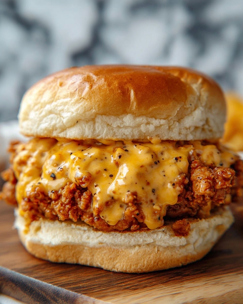 A close-up view of a crispy fried chicken sandwich with three main layers. The bottom layer is a soft, light beige sandwich bun with a fluffy texture. Above it, there is a thick, craggy fried chicken patty with a golden-brown crunchy coating. The top layer covers the chicken with melted creamy cheese sauce in a yellow-orange shade, speckled with bits of black pepper. The top bun is also soft and light beige with a glossy, smooth surface. The sandwich sits on a wooden surface with a blurred white marbled texture background. photo taken with an iphone --ar 4:5 --v 7