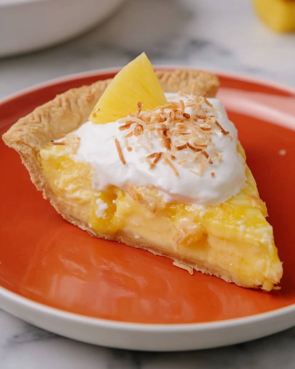A single slice of yellow pineapple pie sits on a white plate with a smooth, shiny orange center. The pie has a light golden crust with a slightly crinkled edge, followed by a thick pale yellow creamy filling with visible pineapple chunks inside. On top, there is a dollop of white whipped cream garnished with small brown toasted coconut flakes and a thin triangular piece of pineapple resting at the back edge. The plate is placed on a white marbled surface. photo taken with an iphone --ar 4:5 --v 7