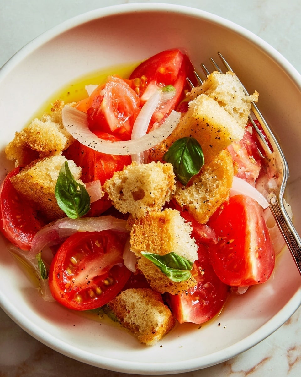 A white bowl holds a fresh salad with three main layers: at the bottom are thin slices of translucent white onion, on top are chunky pieces of golden brown toasted bread with a crispy texture, and scattered throughout are bright red tomato wedges with a juicy, slightly shiny surface. Small green basil leaves are placed between the tomatoes and bread, adding a touch of color. The salad appears lightly dressed, with drops of olive oil glistening. A silver fork is placed on the right side of the bowl. The whole scene is set on a white marbled surface. photo taken with an iphone --ar 4:5 --v 7