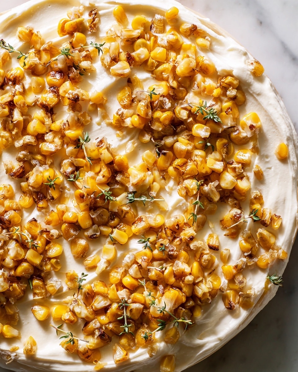 The dish shows a creamy white base layer that looks smooth and soft, spread evenly with some gentle swirls and peaks. On top, there is a thick layer of golden roasted corn kernels, some slightly browned for a toasted texture, scattered generously across the cream. Small green herb sprigs are dotted throughout, adding fresh green touches among the corn. The layers all sit on a white marbled surface. photo taken with an iphone --ar 4:5 --v 7