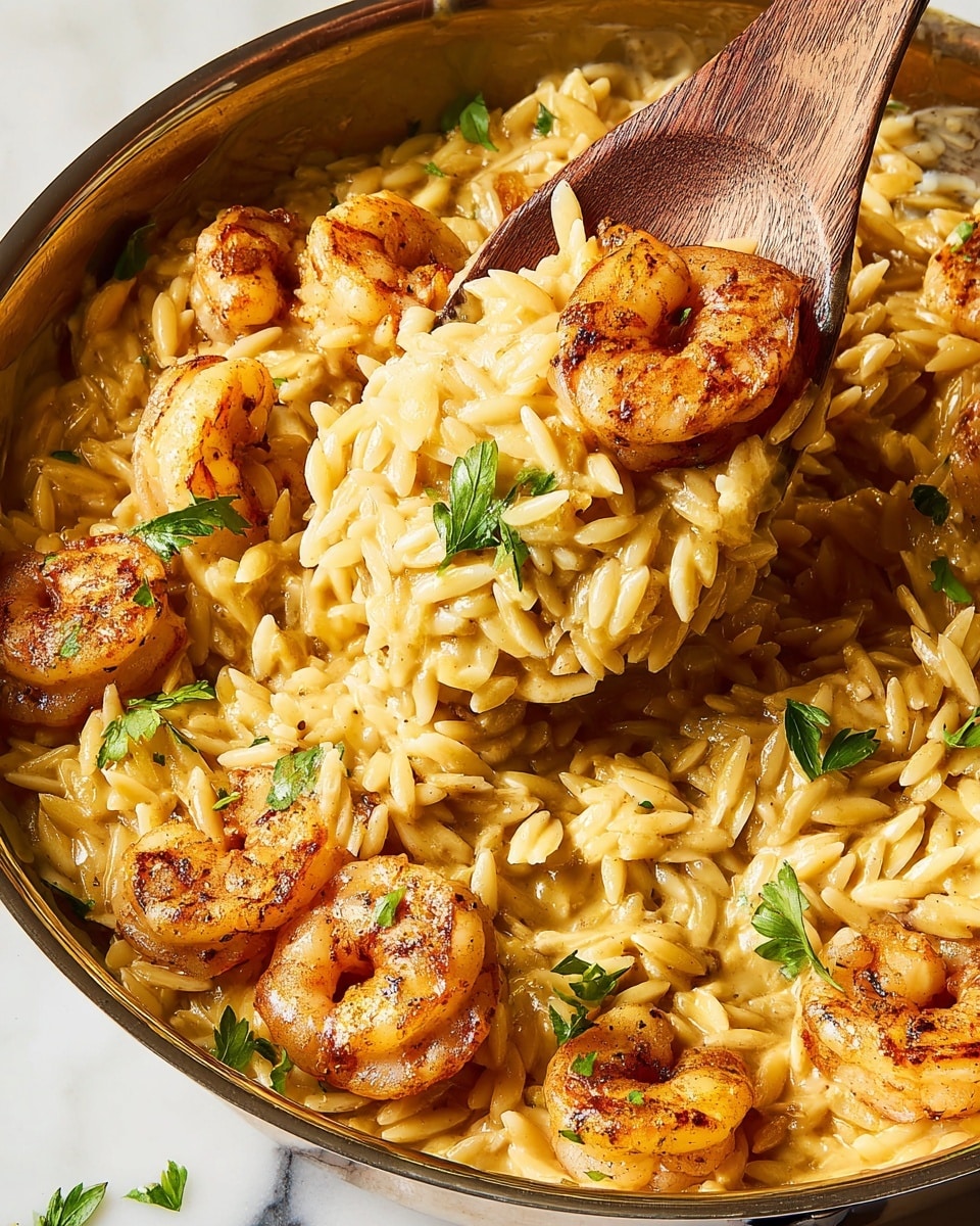 A close-up of a pan showing a creamy, yellow sauce mixed with small, rice-like pasta called orzo. The dish has about two layers: the bottom layer is the sauce-coated orzo, creamy and shiny, while the top layer features large, cooked shrimp with a light brown, slightly charred texture. There are small green parsley leaves scattered on top for a fresh color contrast. A wooden spoon lifts a part of the dish, holding a mix of orzo and shrimp, with a couple of parsley leaves on it. The pan rests on a white marbled surface. Photo taken with an iphone --ar 4:5 --v 7