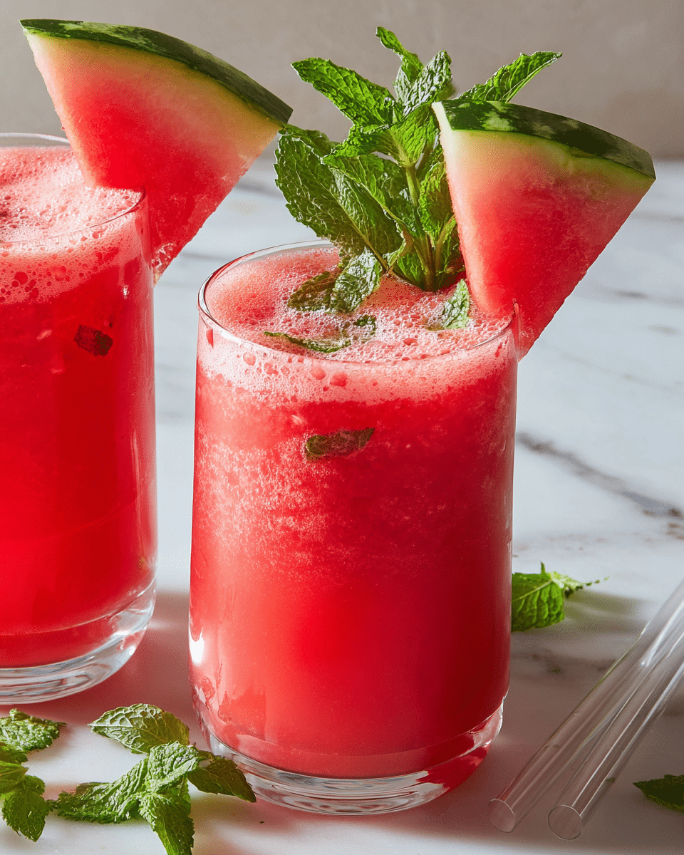 Two glasses filled with bright red watermelon juice that looks cold and fresh with tiny watermelon seeds floating inside. Each glass has a thick layer of bubbly foam on top and is garnished with a thick, triangular slice of watermelon showing green rind and pink fruit. One glass has a bunch of fresh green mint leaves standing upright behind the watermelon slice. The clear glasses sit on a white marbled surface with some green mint leaves scattered around and clear straws lying beside them. photo taken with an iphone --ar 4:5 --v 7