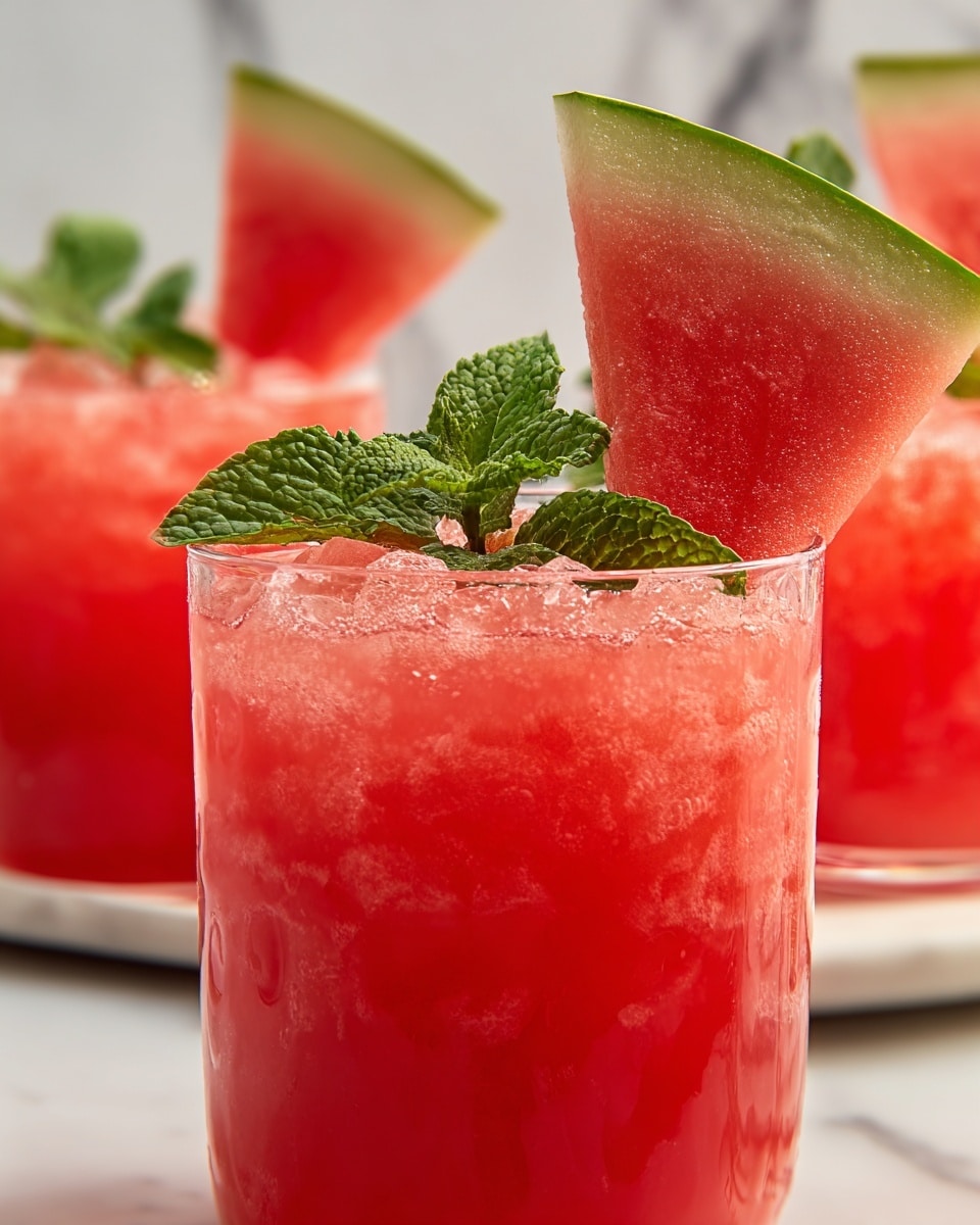 The image shows a close-up of a clear glass filled with crushed ice and bright red watermelon juice, topped with fresh green mint leaves placed near the center. A large triangular slice of watermelon with red flesh and a light green rind rests on the rim of the glass, adding height and a fresh look. In the background, there are two more identical glasses with the same red drink and mint leaves, all set on a white marbled surface with a soft, blurred white pattern in the background. photo taken with an iphone --ar 4:5 --v 7