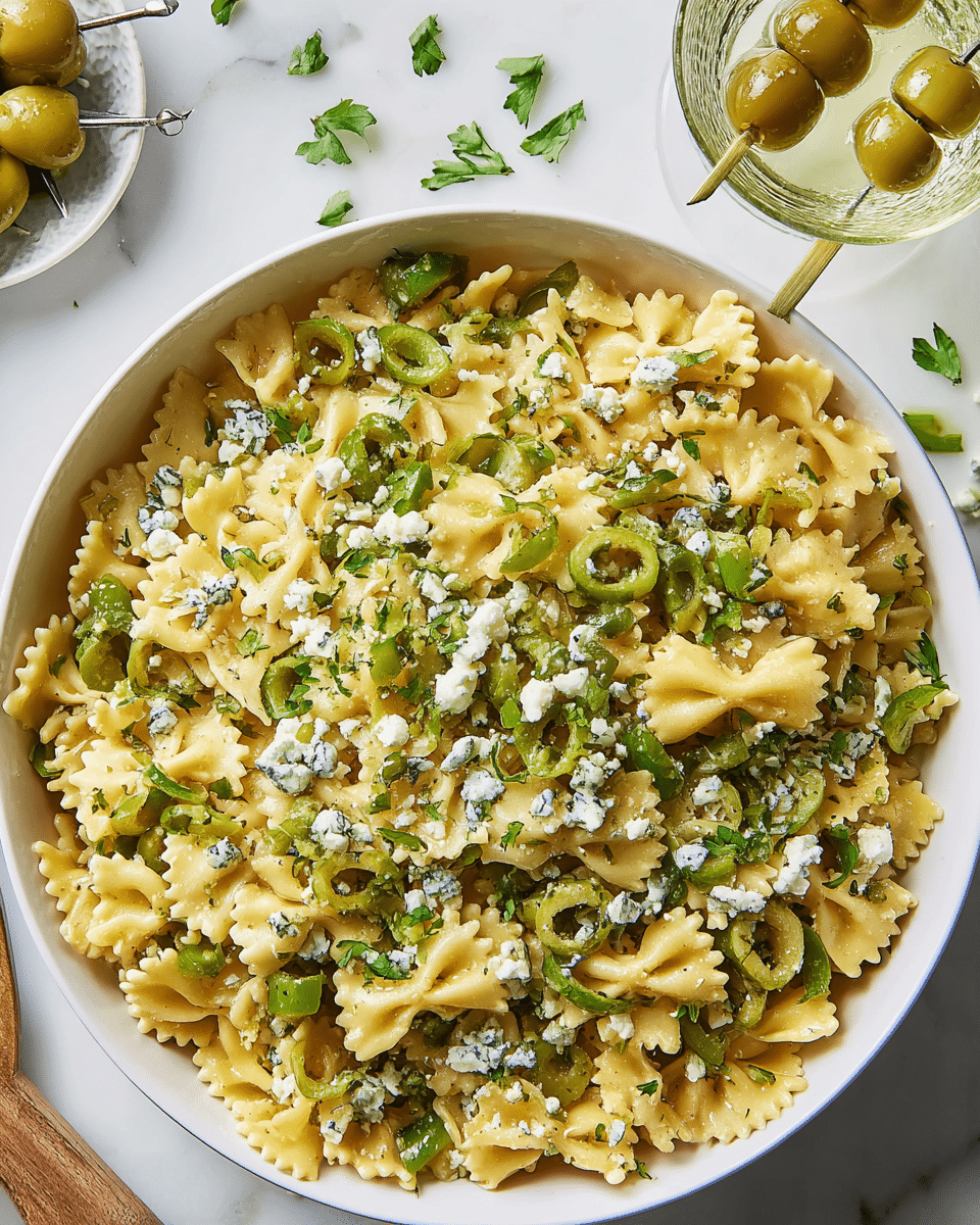 A white bowl filled with pasta that has ruffled edges and a yellowish color, mixed with green sliced olives and chopped fresh green herbs scattered evenly on top. Small white and blue speckled cheese crumbles are spread over the pasta, adding texture contrast. To the top right, there is a clear glass with a light yellow drink garnished with skewered green olives. The setting is on a white marbled surface with some green herb pieces scattered around. photo taken with an iphone --ar 4:5 --v 7