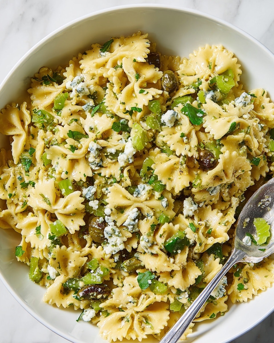 The image shows a white bowl filled with a pasta dish made of three layers. The first layer is short, yellow pasta pieces with ruffled edges, scattered evenly. The second layer includes chopped green olives and small bits of green herbs spread all over the pasta. The third layer contains small crumbles of blue cheese sprinkled evenly on top. A silver spoon is partially dipped into the pasta on the right side of the bowl. The background is a white marbled texture. photo taken with an iphone --ar 4:5 --v 7