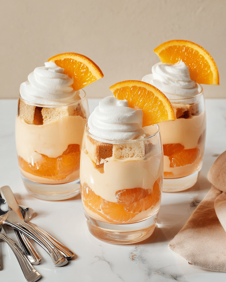 Three clear glasses are filled with layered desserts placed in a row on a white marbled surface. Each glass has a bottom layer of light orange jelly with orange slices inside, a second layer of smooth peach-colored cream, a third layer of golden cake pieces, another layer of peach cream, topped with fluffy white whipped cream. Each dessert is garnished with a fresh orange slice resting on the whipped cream at the top. The background is simple with a soft beige texture, and some silver spoons lie scattered around the glasses. photo taken with an iphone --ar 4:5 --v 7