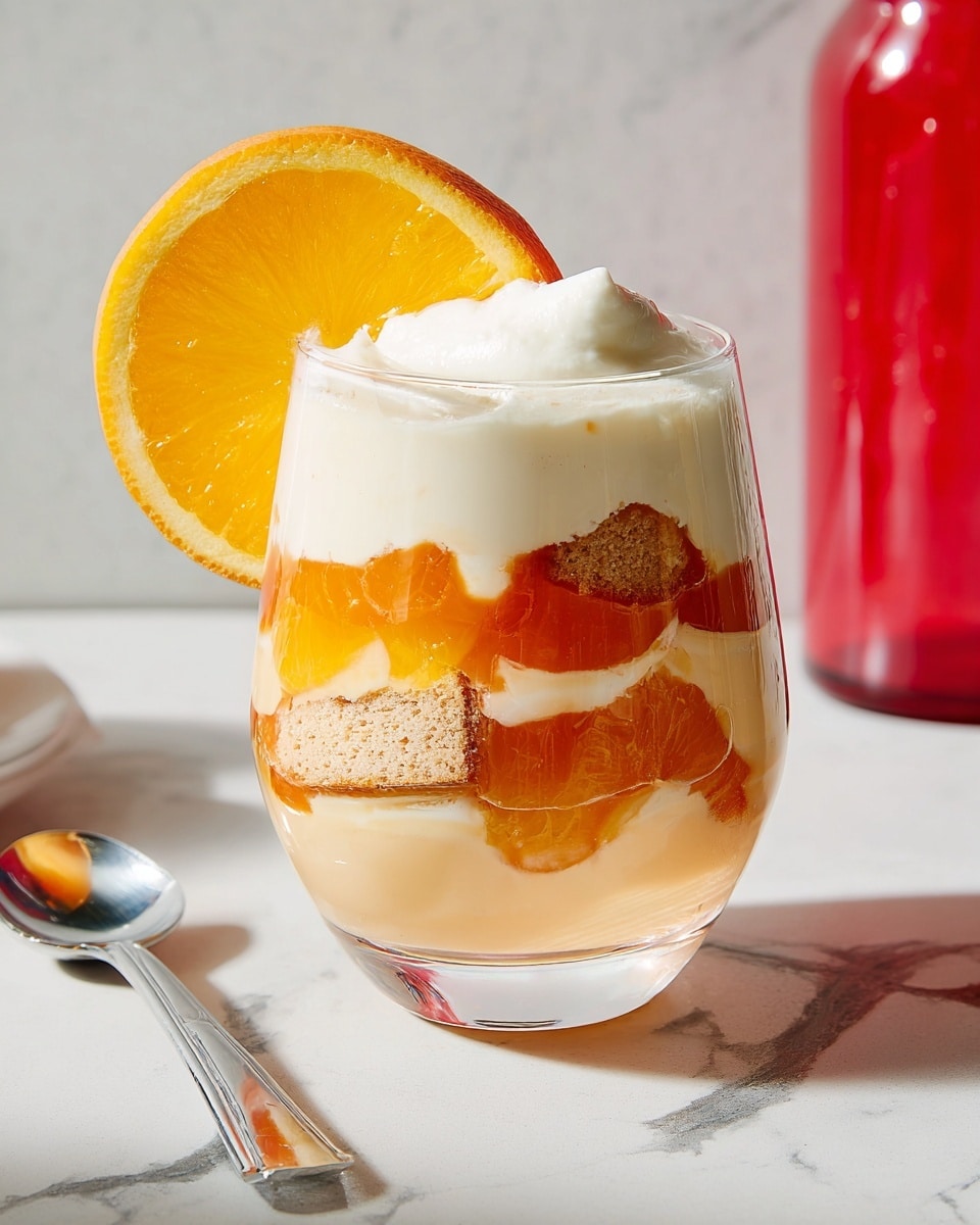 A clear glass holds a layered dessert with five distinct layers: the bottom layer is light creamy orange in color, followed by a bright orange fruit layer made of citrus segments, then a white creamy layer, topped with a thin caramel-colored sauce, another white creamy layer with a piece of brown cake or biscuit inside, and finally finished with a thick white cream on top. A fresh orange slice is placed on the rim of the glass. The glass is set on a white marbled surface, with a spoon resting nearby and a red bottle partially visible in the background. photo taken with an iphone --ar 4:5 --v 7