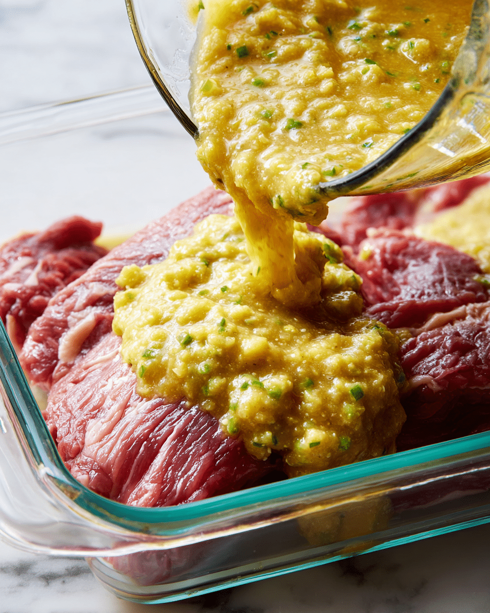 A single layer of raw red meat with visible muscle fibers and some fat edges lies flat in a clear glass baking dish. On top of the meat, a thick, chunky yellow mixture with green bits is being poured from a clear measuring cup, partially covering the meat in uneven mounds with a glossy and slightly textured surface. The scene is set on a white marbled surface, with soft natural lighting highlighting the colors and textures. Photo taken with an iphone --ar 4:5 --v 7