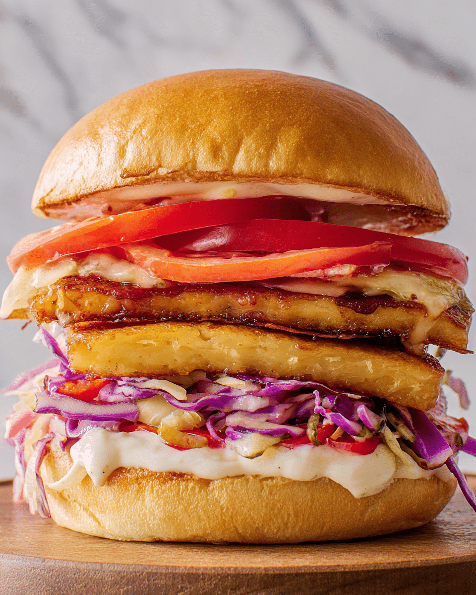 A close-up view of a sandwich stacked in five layers on a white marbled surface; the bottom layer is the soft, light brown bottom bun, followed by creamy white mayonnaise mixed with thin slices of purple cabbage and small pieces of red chili, then a thick, golden-brown grilled slice of cheese showing a slightly crispy edge, topped with two bright red tomato slices, and crowned with a soft, smooth, golden-brown top bun that has subtle cracks. Photo taken with an iphone --ar 4:5 --v 7