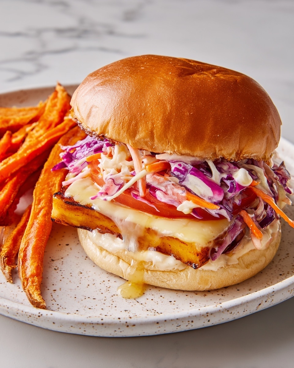 The image shows a sandwich with five visible layers on a white speckled plate with a side of sweet potato fries. The bottom layer is a soft, light brown bun. Above it, there is a creamy white sauce mixed with purple cabbage and thin orange carrot strips, which adds a colorful, crunchy texture. Next is a thick, golden-brown grilled slice of cheese that has a slight crisp on the edges. On top of the cheese, there are two bright red tomato slices peeking out from under the smooth, shiny, light brown top bun. The sandwich has a drizzle of honey or sauce dripping slightly down the side. The fries next to the sandwich are crispy, orange sweet potato sticks placed neatly on the plate. The background is a white marbled surface. photo taken with an iphone --ar 4:5 --v 7