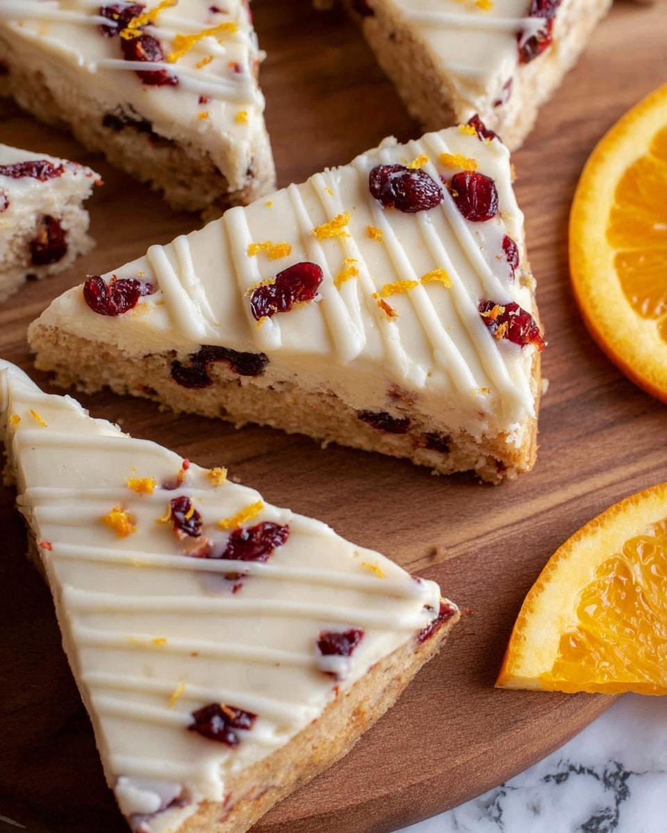 The image shows several triangular slices of a dessert bar arranged on a wooden cutting board with a white marbled surface. Each slice has a bottom layer of light brown cake or cookie base, topped with a thick layer of creamy white frosting sprinkled with small pieces of dark red dried cranberries and some orange zest. White icing is drizzled in thin lines across the top of the frosting. A bright orange slice is partially visible to the right, adding a pop of color. The texture of the frosting looks smooth and soft, while the base appears slightly crumbly. Photo taken with an iphone --ar 4:5 --v 7