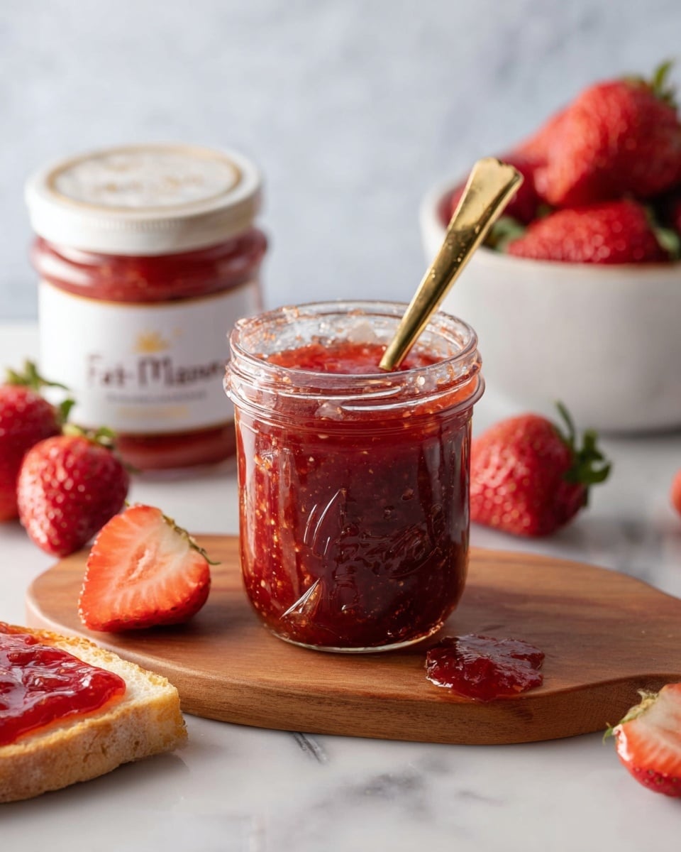 A clear glass jar filled with red strawberry jam sits in the center on a wooden board, with a shiny gold spoon inside the jar. To the left, a closed jar with a white lid labeled