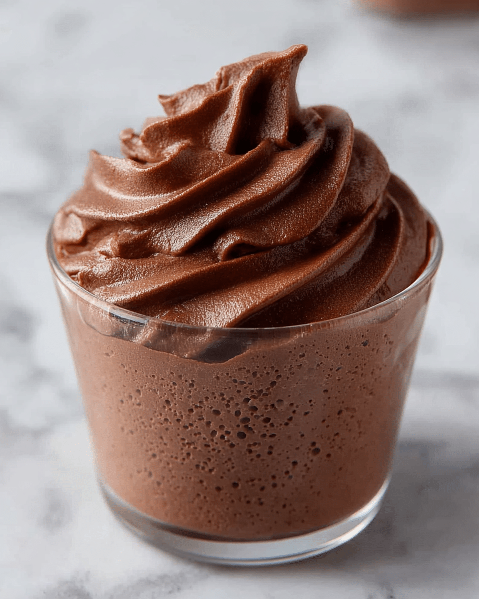 A clear glass cup filled with three thick layers of smooth, rich dark brown chocolate mousse, with the top layer beautifully swirled in soft peaks creating a textured, fluffy look. The mousse has a creamy and slightly glossy surface with small air bubbles visible, giving it a light and airy feel. The cup is placed on a white marbled surface that adds a clean, elegant touch to the presentation. photo taken with an iphone --ar 4:5 --v 7