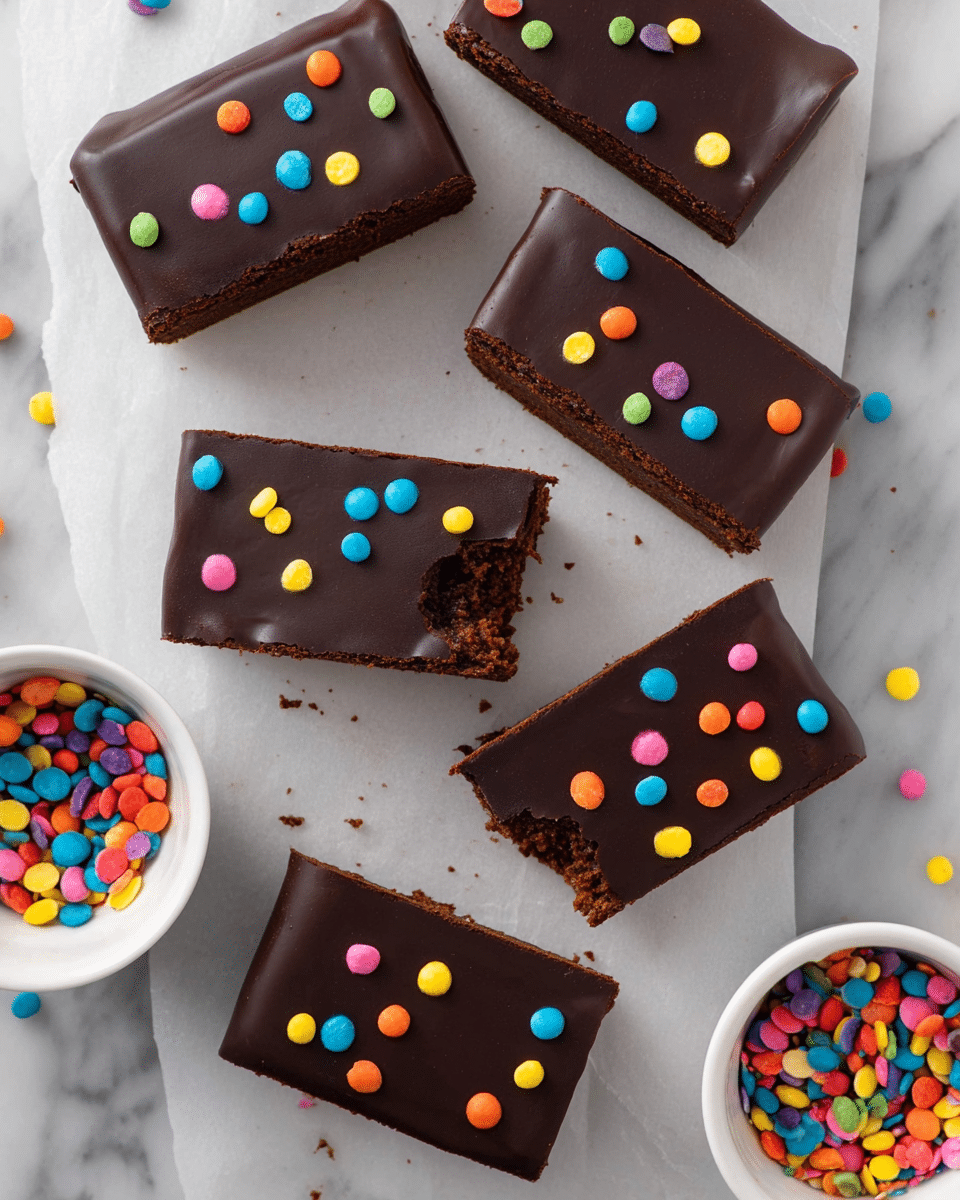 The image shows six rectangular chocolate brownies topped with a smooth, dark chocolate layer, each decorated with small round colorful candy sprinkles in bright yellow, blue, pink, red, orange, and green. Each brownie is cut into two pieces, showing a dense, moist chocolate base layer underneath the shiny chocolate topping. The brownies are placed on white parchment paper on a white marbled surface, with some candy sprinkles scattered around. In the corner, a white bowl is filled with more of the same colorful candy sprinkles. One brownie has a bite taken out of it, revealing its rich texture. photo taken with an iphone --ar 4:5 --v 7