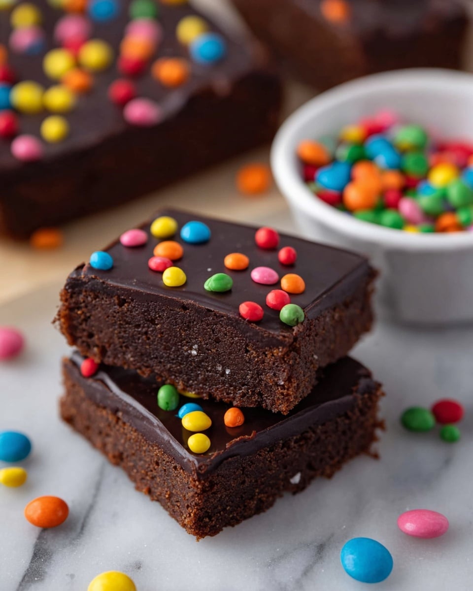 A close-up image of a chocolate brownie cut into two pieces, each piece having a smooth, glossy dark chocolate layer on top with colorful small round candy sprinkles scattered evenly. The brownie base layer is dense and dark brown with a slightly crumbly texture. In the background, there is a white bowl filled with the same colorful candy sprinkles, and more brownies with identical toppings are partially visible on a white marbled surface. Some candies are scattered around the bowl and brownies, adding a playful touch. photo taken with an iphone --ar 4:5 --v 7