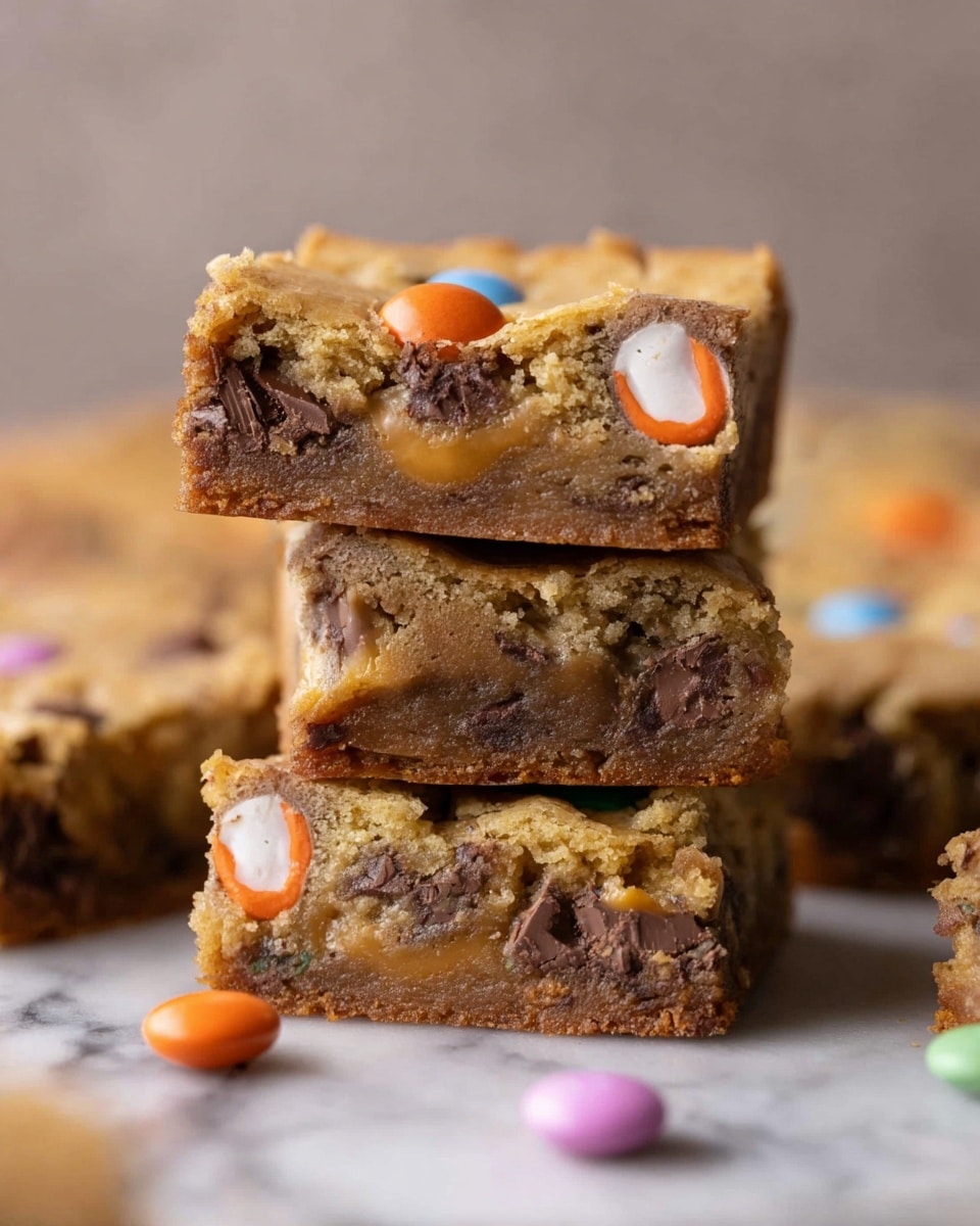 A stack of three thick blondie bars sits on a white marbled surface, each bar showing multiple melted and chunky pieces of chocolate and colorful candy-coated chocolates inside. The top bar has a half of a candy with an orange and white creamy center on top, highlighting the gooey texture inside. The blondies have a golden-brown color with a slightly crispy edge and a soft, chewy middle filled with dark brown chocolate chunks and scattered colorful candy bits. In the background, more blondies are blurred, adding depth to the close-up shot. photo taken with an iphone --ar 4:5 --v 7