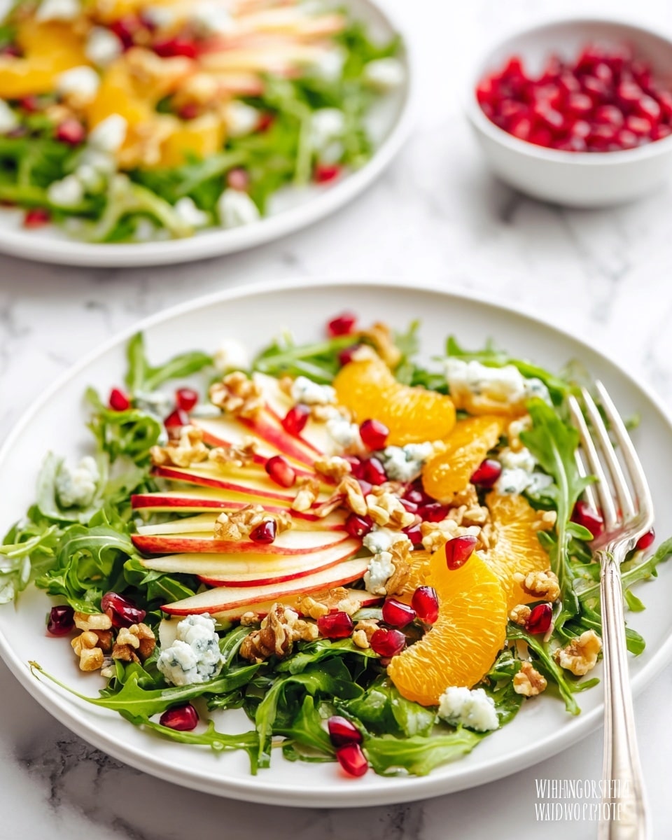A fresh salad is shown on a white plate with a white marbled surface underneath. The salad has a base layer of leafy green arugula, topped with slices of red apple arranged in a fan shape, bright orange mandarin segments, and scattered pomegranate seeds adding a shiny red touch. There are small crumbly pieces of blue cheese and chopped walnuts sprinkled on top, giving the salad texture and color contrast. Another white plate with the same salad is blurry in the background, along with a small white bowl filled with more pomegranate seeds. A silver fork rests on the edge of the front plate. Photo taken with an iphone --ar 4:5 --v 7
