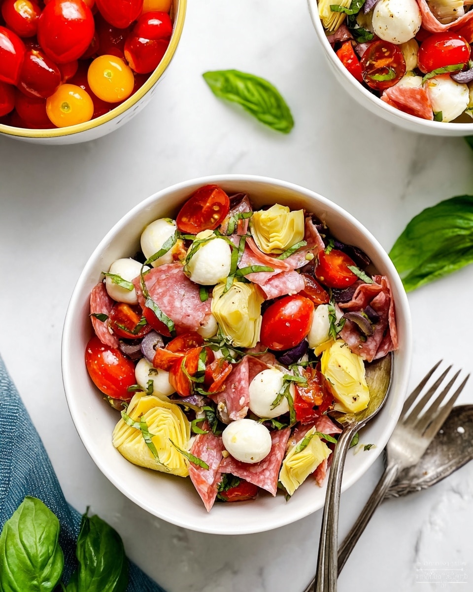 A white bowl filled with a colorful salad showing multiple layers: bright red cherry tomatoes cut in halves, white round mozzarella balls, thin slices of pink salami folded loosely, yellow artichoke hearts, small pieces of green basil leaves scattered throughout, and small chunks of black olives, all coated with a light drizzle of olive oil. The bowl is placed on a white marbled surface with fresh green basil leaves and forks nearby, along with parts of another white bowl with similar salad and a white bowl with additional cherry tomatoes. Photo taken with an iphone --ar 4:5 --v 7
