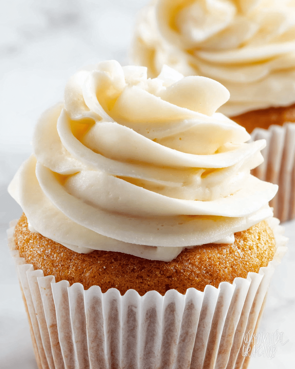 A close-up view of a single cupcake with two main layers: the base cake layer is golden brown with a soft, moist texture contained in a white pleated paper liner, and the top layer is a thick swirl of smooth, creamy off-white frosting applied generously in a rosette pattern, creating soft peaks and curls. In the background, part of another similarly frosted cupcake is slightly out of focus, all set against a white marbled texture. Photo taken with an iphone --ar 4:5 --v 7