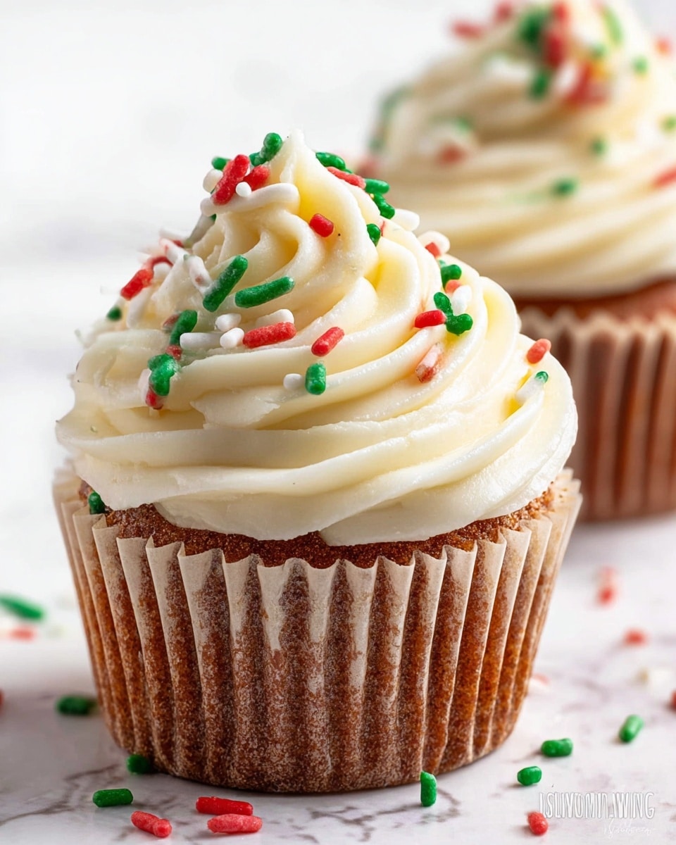 A close-up of a single cupcake with a brown base wrapped in a light beige paper liner, topped with thick, creamy white frosting swirled in three visible layers forming a soft peak in the center. Colorful, red, green, and white sprinkles are scattered across the frosting and the white marbled surface below. In the background to the right, a second similar cupcake is softly visible, slightly out of focus, all on a white marbled texture. photo taken with an iphone --ar 4:5 --v 7