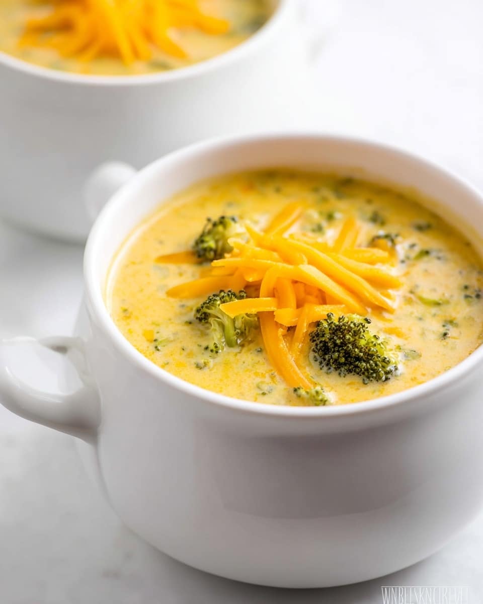Two white bowls are filled with a creamy yellow soup that has green broccoli pieces mixed inside. On top of the soup in the front bowl, there is a small pile of shredded bright orange cheddar cheese. The bowls sit on a smooth white marbled surface with soft lighting and a clean, simple background. The front bowl is fully visible, showing its rounded shape and wide handle, while the second bowl is slightly blurred in the back. photo taken with an iphone --ar 4:5 --v 7