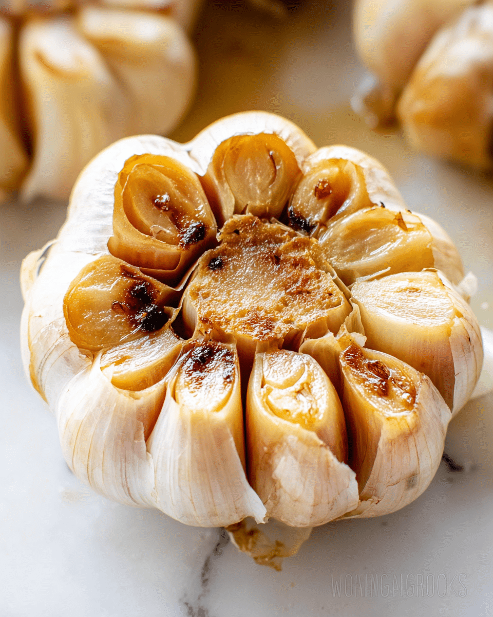 The image shows a close-up of a roasted garlic bulb with its skin partially peeled back to reveal individual garlic cloves arranged in a circular shape. Each clove has a light brown, slightly golden top with a soft, caramelized texture and a few dark brown char marks. The cloves are plump and juicy with visible layers of thin, translucent white skin curling around them. The garlic is resting on a white marbled surface that reflects some light and highlights the smooth, tender texture of the cooked garlic. photo taken with an iphone --ar 4:5 --v 7