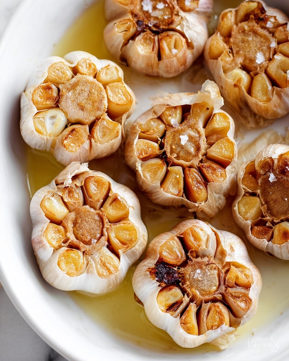 The image shows several bulbs of roasted garlic with each bulb cut open at the top to reveal soft, golden, caramelized cloves inside. The garlic cloves have a slightly browned texture from roasting, with their papery outer layers still attached. They are arranged in a white dish, placed on a surface with a white marbled texture. Some garlic bulbs have a light sprinkling of coarse salt, adding texture, and there are small pools of oil around them that reflect light gently. The overall look is rustic and warm, with close-up details of the roasted garlic’s soft and tender inside. photo taken with an iphone --ar 4:5 --v 7