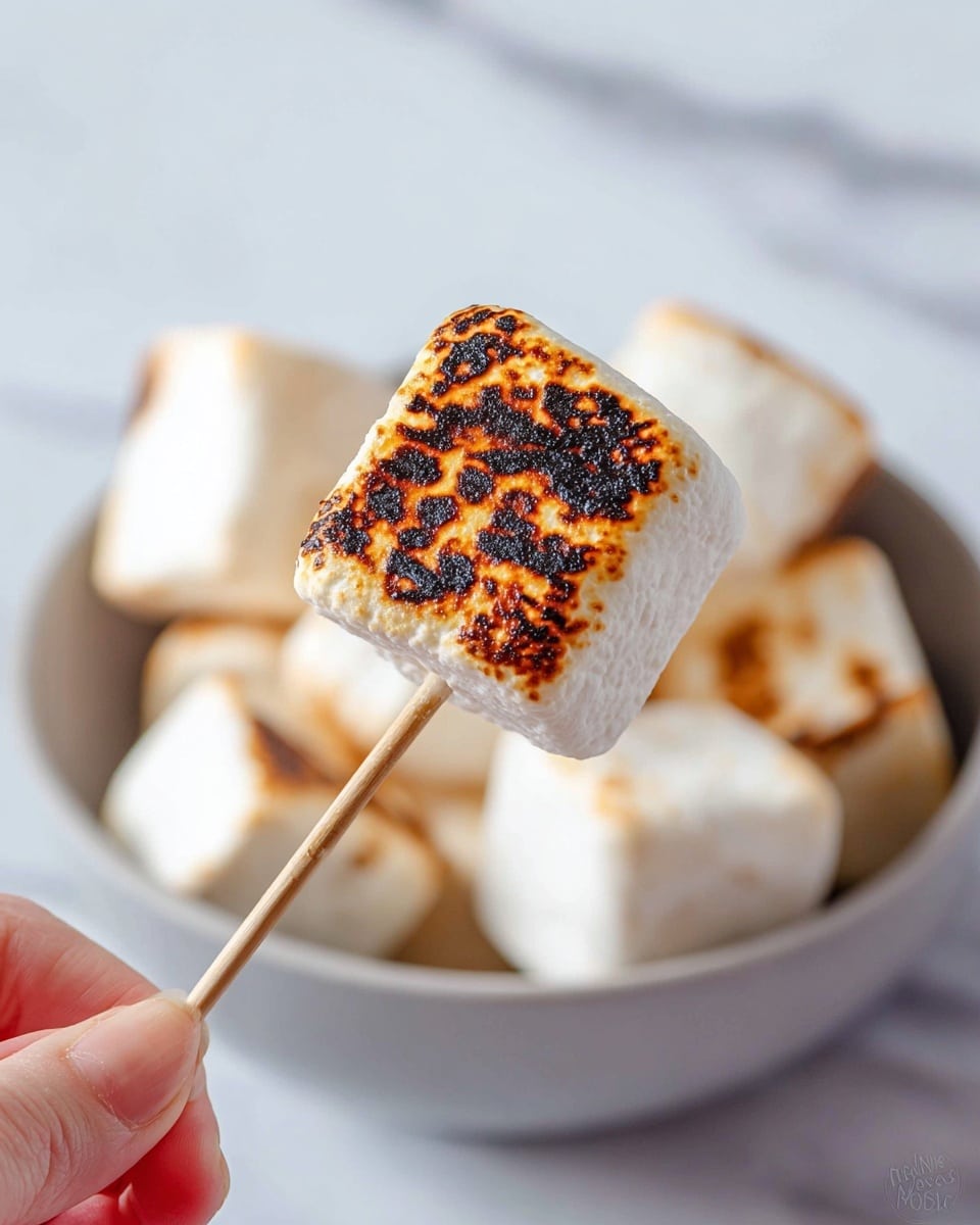 The image shows a close-up of a toasted marshmallow held by a woman's hand using a thin wooden stick. The marshmallow is square-shaped with a mostly white surface, featuring golden brown and dark charred spots from toasting. In the background, multiple plain white marshmallows are visible inside a white bowl with a smooth texture, all set on a white marbled surface. The photo has a clean and bright look with a focus on the toasted marshmallow in the foreground. photo taken with an iphone --ar 4:5 --v 7