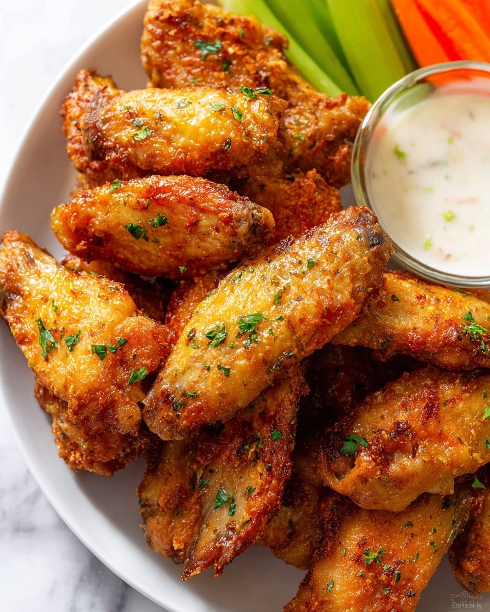 A white plate full of crispy golden-brown chicken wings stacked close together, each wing showing a crunchy, textured skin with small flecks of green parsley scattered on top. On the side, there are bright orange carrot sticks and fresh green celery sticks, along with a small clear bowl filled with creamy white dipping sauce partially visible. The background shows a clean white marbled texture. photo taken with an iphone --ar 4:5 --v 7