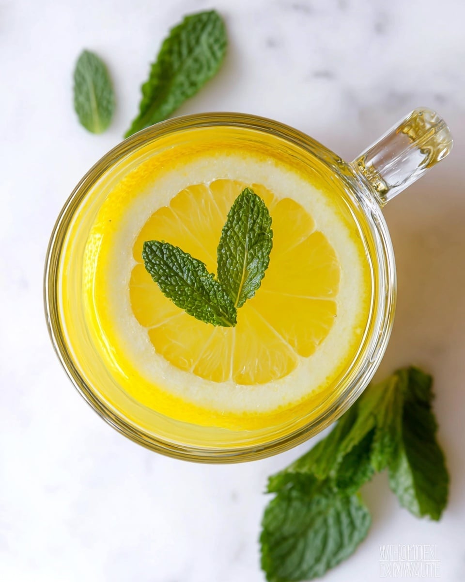 A clear glass cup filled with a bright yellow liquid, topped with a thin round slice of lemon floating on the surface. On top of the lemon slice, there are two small green mint leaves close together. The cup has a handle on the right side and is placed on a white marbled texture surface with some mint leaves scattered nearby. The photo is taken from above, showing the clear details and fresh colors. photo taken with an iphone --ar 4:5 --v 7