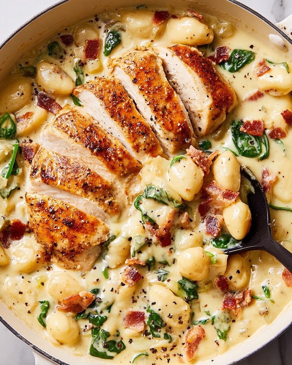 A close-up view of a creamy dish in a white round pan filled with three thick slices of golden-brown grilled chicken breast placed on top. The dish has a rich pale yellow cream sauce with small, soft gnocchi pieces scattered throughout, mixed with bright green spinach leaves and crispy dark red bacon bits. A black spoon is scooping some of the creamy mixture, showing the layers of sauce, gnocchi, bacon, and chicken. The whole dish is sprinkled with cracked black pepper, and the pan rests on a white marbled surface. photo taken with an iphone --ar 4:5 --v 7