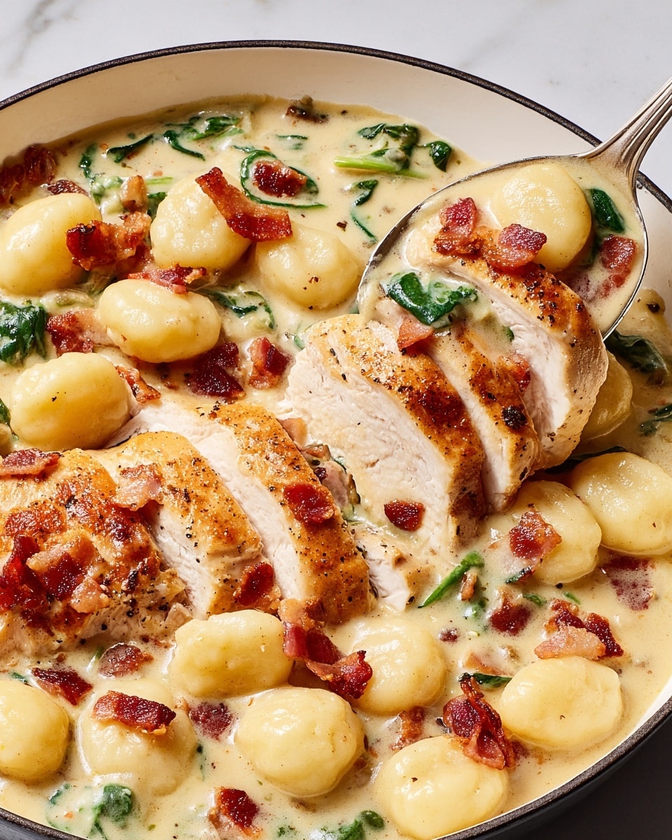 The image shows a white pan filled with sliced golden-brown cooked chicken breast arranged in a layer at the bottom. On top of and between the chicken slices are small, soft, pale yellow gnocchi pieces scattered evenly. The dish is covered with a creamy, light beige sauce that has visible green spinach leaves mixed in. Crispy, reddish-brown bacon bits are sprinkled over the chicken and sauce, adding a crunchy texture. In the top right, a spoon lifts a portion showing a piece of chicken breast, two gnocchi, a spinach leaf, and bacon in the creamy sauce. The background is a white marbled texture. photo taken with an iphone --ar 4:5 --v 7