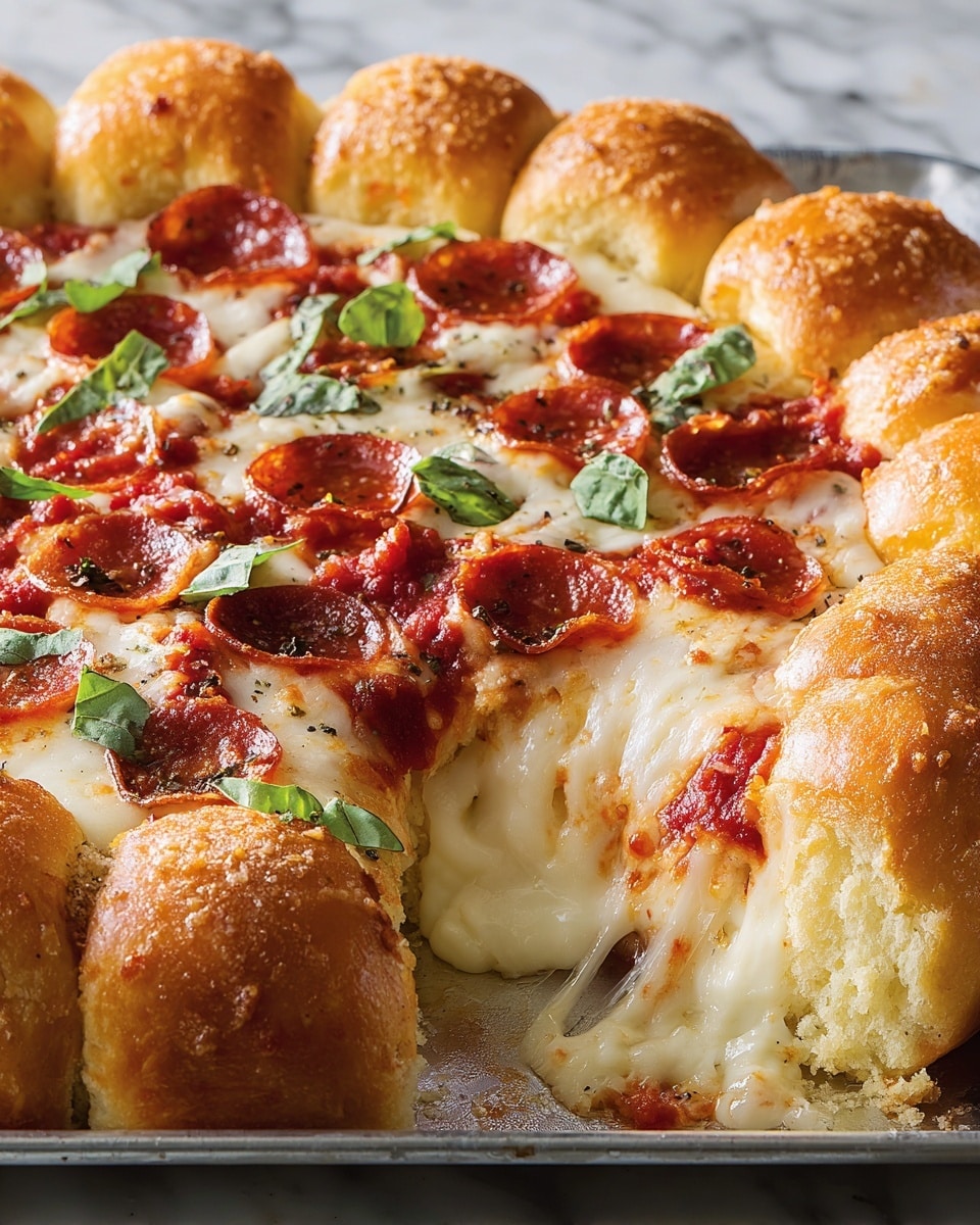 A pepperoni pizza with a thick golden-brown crust made of soft, fluffy bread rolls forming the outer edge, each roll topped with a light dusting of cheese or seasoning. The middle layer shows a rich red tomato sauce spread evenly, topped with melting white mozzarella cheese that looks stretchy and gooey. Small pepperoni slices are scattered on top, their reddish-brown color and glossy texture contrasting with bright green basil leaves placed evenly over the cheese. Part of the pizza is missing from the bottom right, revealing a thick layer of melted cheese between the crust and sauce. The dish sits on a silver tray over a white marbled surface. Photo taken with an iphone --ar 4:5 --v 7